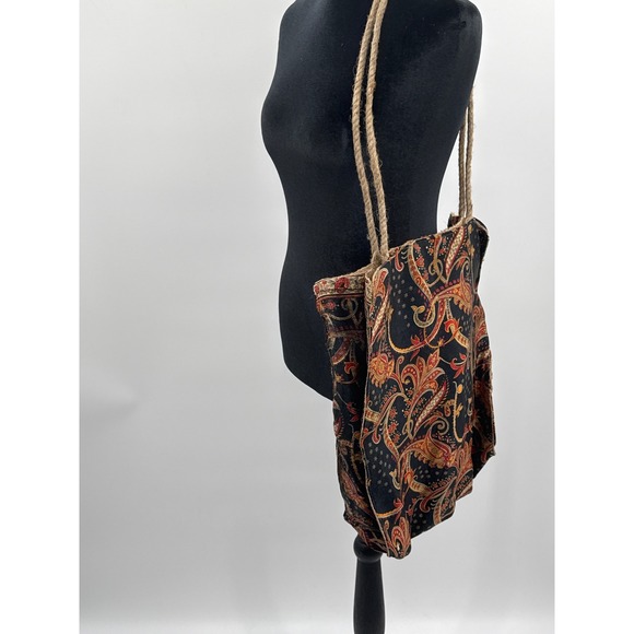 Karma Highway Handbags - Karma Highway Paisley Tote Bag Red Black Viscose Jute Lining Rope Straps Boho